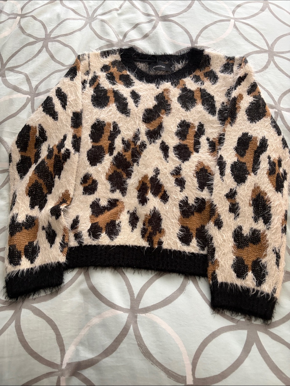 MINKPINK Fuzzy Leopard Crewneck Sweater - Cream, Brown & Black